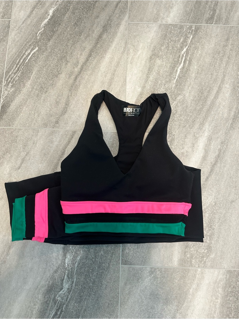 Beach Riot Black Sports Bra with Pink & Green Stripe Accents